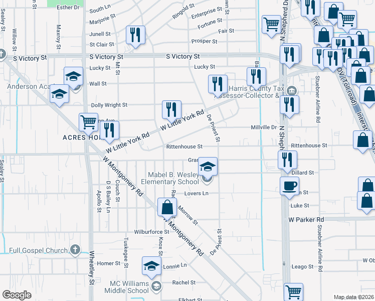 map of restaurants, bars, coffee shops, grocery stores, and more near 872 Granville Drive in Houston