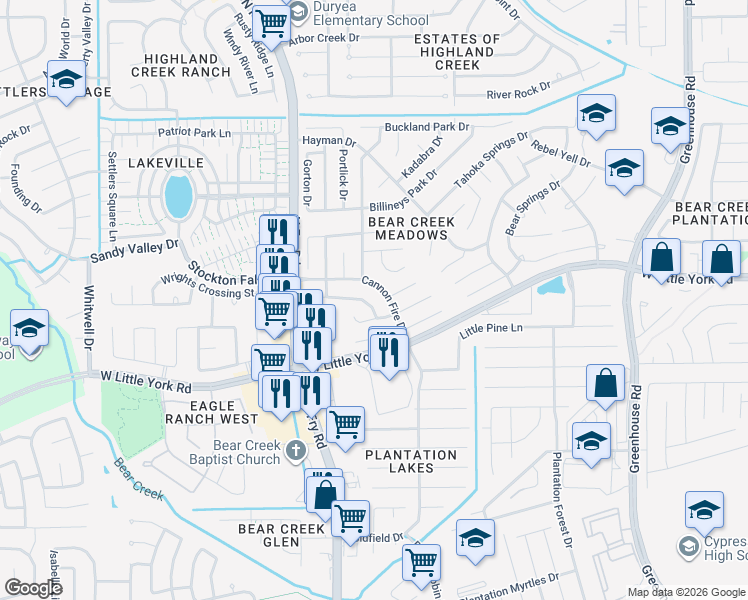 map of restaurants, bars, coffee shops, grocery stores, and more near 19635 Cannon Fire Drive in Katy