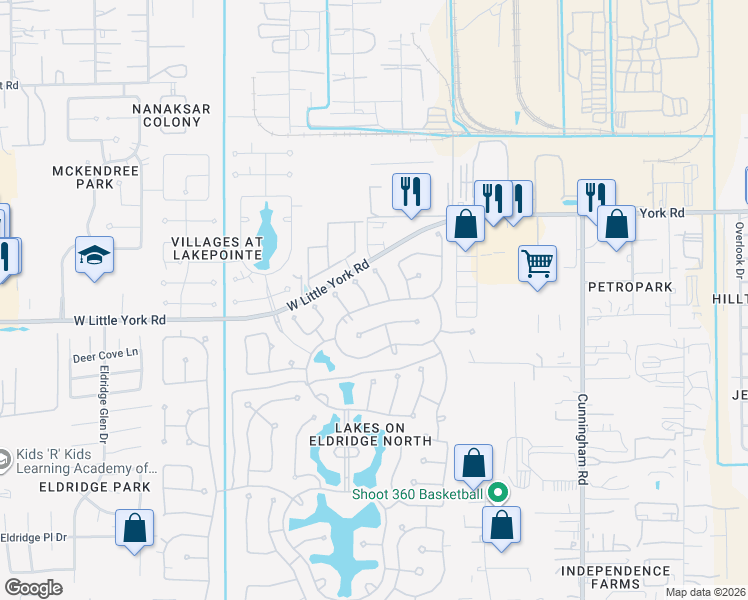 map of restaurants, bars, coffee shops, grocery stores, and more near 12111 Ensenada Canyon Lane in Houston