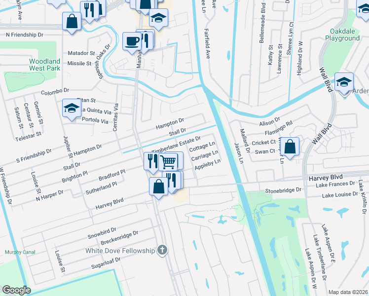 map of restaurants, bars, coffee shops, grocery stores, and more near 1720 Cottage Lane in Harvey