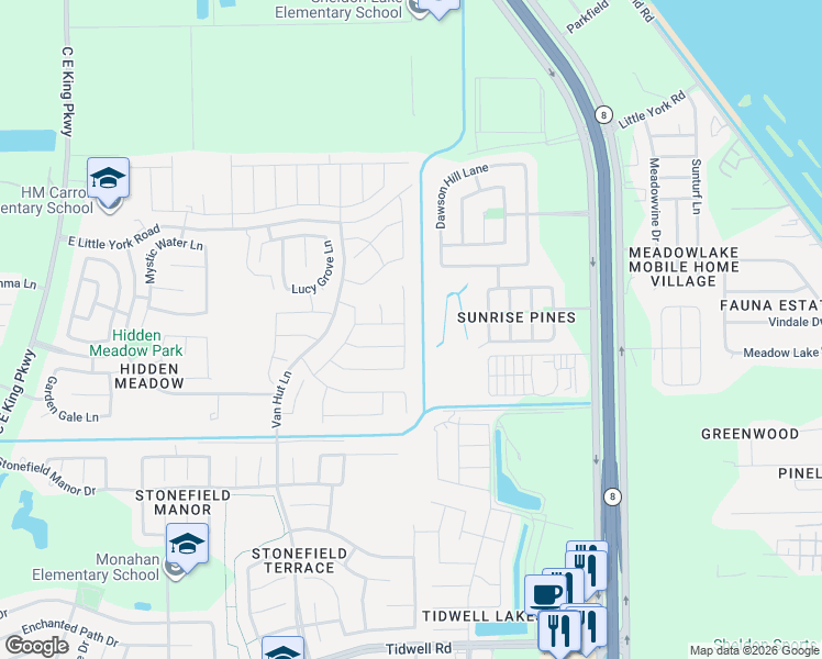map of restaurants, bars, coffee shops, grocery stores, and more near 9910 Yanet Grove Lane in Houston