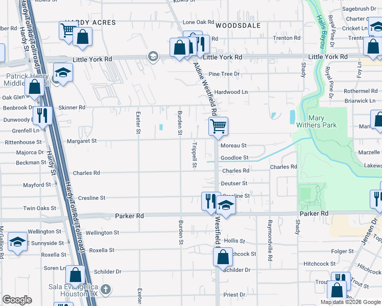 map of restaurants, bars, coffee shops, grocery stores, and more near 10415 Trippell Street in Houston