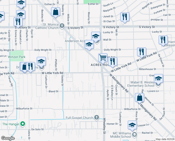 map of restaurants, bars, coffee shops, grocery stores, and more near 1305 West Little York Road in Houston