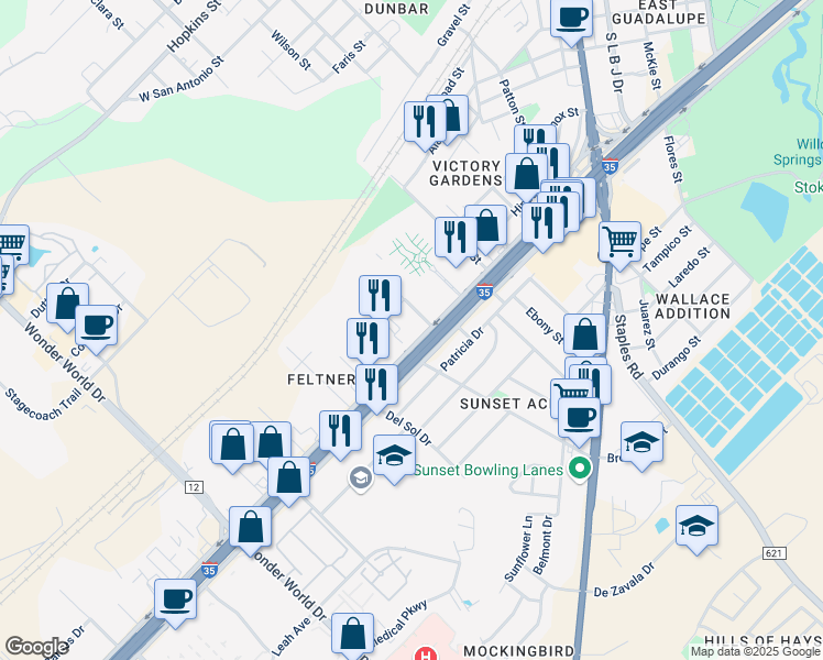 map of restaurants, bars, coffee shops, grocery stores, and more near 1608 Interstate Highway 35 South in San Marcos