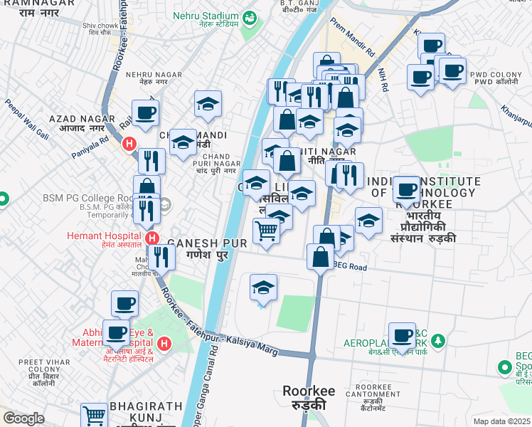 map of restaurants, bars, coffee shops, grocery stores, and more near 37 Jadugar Road in Roorkee