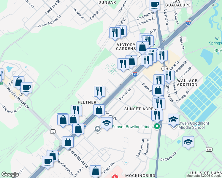 map of restaurants, bars, coffee shops, grocery stores, and more near 1608 Interstate Highway 35 South in San Marcos
