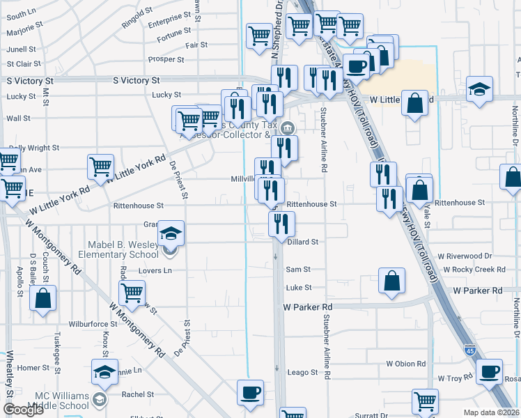 map of restaurants, bars, coffee shops, grocery stores, and more near 716 Granville Drive in Houston
