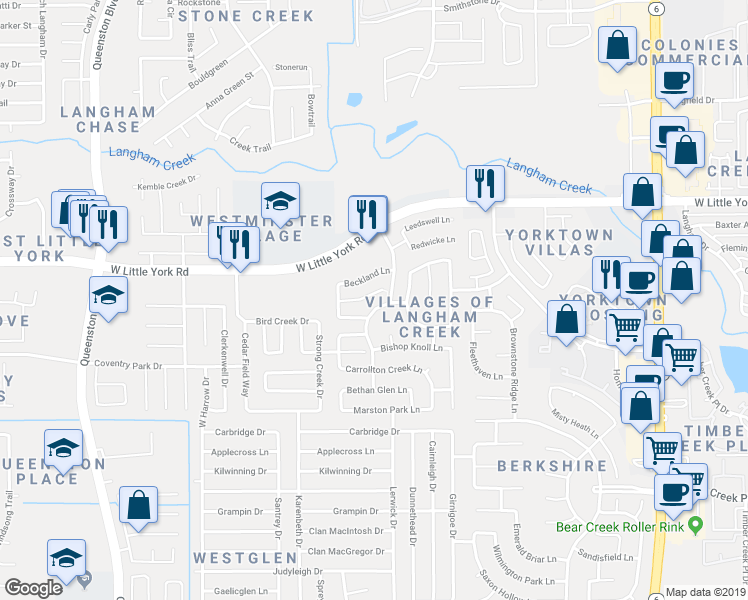 map of restaurants, bars, coffee shops, grocery stores, and more near 16618 Newglen Lane in Houston