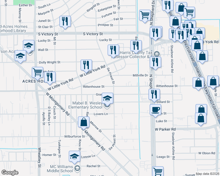 map of restaurants, bars, coffee shops, grocery stores, and more near 7007 De Priest Street in Houston