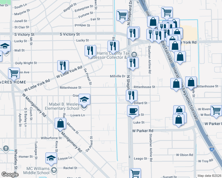 map of restaurants, bars, coffee shops, grocery stores, and more near 737 Granville Drive in Houston