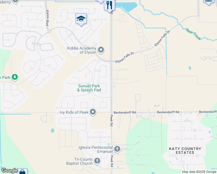 map of restaurants, bars, coffee shops, grocery stores, and more near 6226 Milbridge Creek Lane in Katy