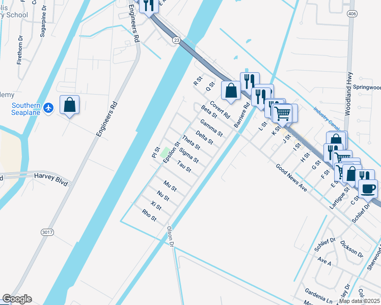 map of restaurants, bars, coffee shops, grocery stores, and more near 114 Sigma Street in Belle Chasse