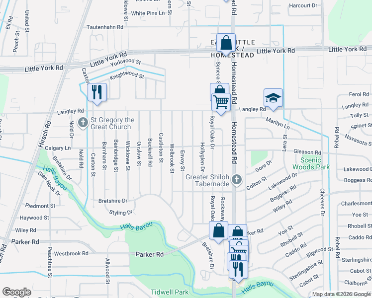 map of restaurants, bars, coffee shops, grocery stores, and more near 10422 Bretton Drive in Houston