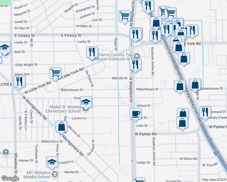 map of restaurants, bars, coffee shops, grocery stores, and more near 737 Granville Drive in Houston