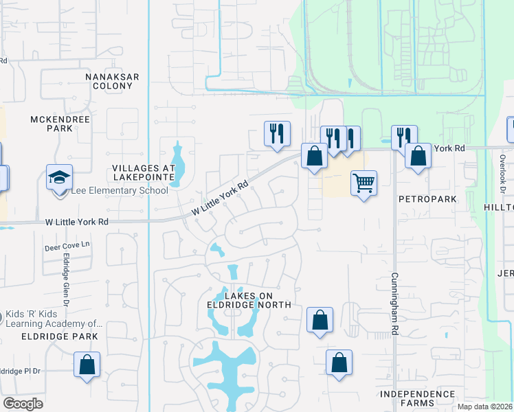 map of restaurants, bars, coffee shops, grocery stores, and more near 12111 Ensenada Canyon Lane in Houston