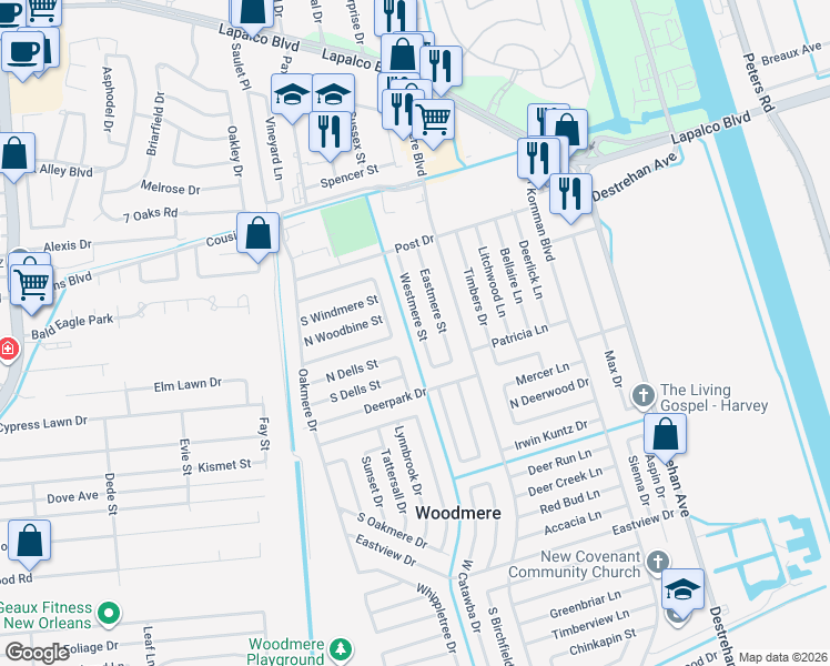 map of restaurants, bars, coffee shops, grocery stores, and more near 3901 Dells Court in Harvey