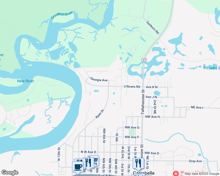 map of restaurants, bars, coffee shops, grocery stores, and more near 1105 Ryan Drive in Carrabelle