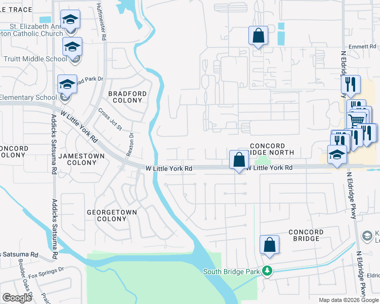 map of restaurants, bars, coffee shops, grocery stores, and more near 13927 Stardust Lane in Houston