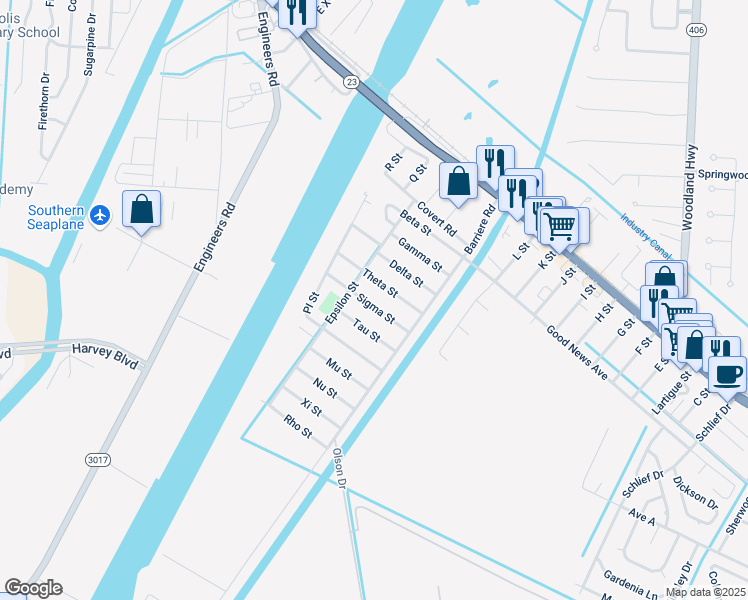 map of restaurants, bars, coffee shops, grocery stores, and more near 114 Sigma Street in Belle Chasse