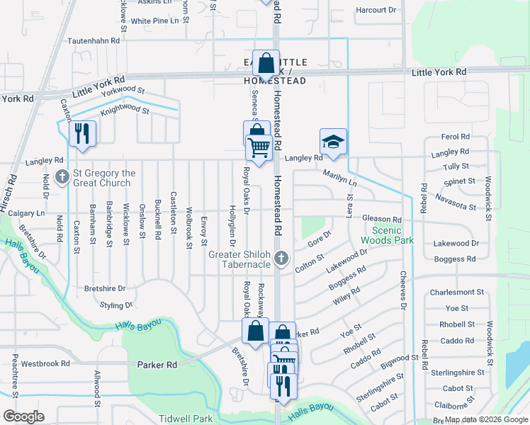 map of restaurants, bars, coffee shops, grocery stores, and more near 10423 Homestead Road in Houston