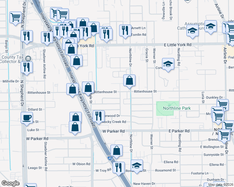 map of restaurants, bars, coffee shops, grocery stores, and more near 213 West Echo Glen Drive in Houston