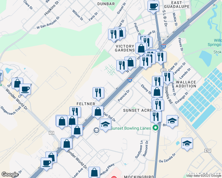 map of restaurants, bars, coffee shops, grocery stores, and more near 1608 Interstate Highway 35 South in San Marcos