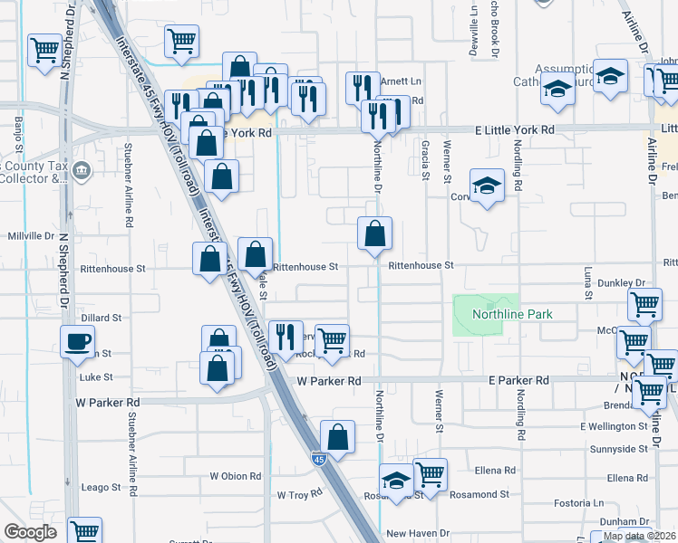 map of restaurants, bars, coffee shops, grocery stores, and more near 213 West Echo Glen Drive in Houston