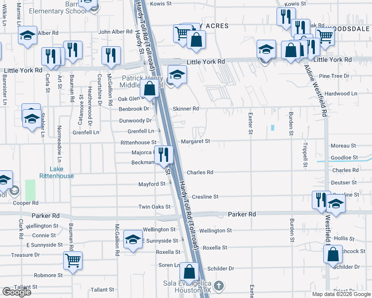 map of restaurants, bars, coffee shops, grocery stores, and more near 10440 Hardy Toll Road in Houston