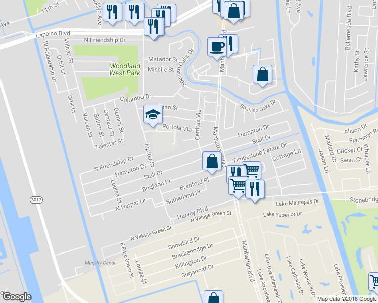 map of restaurants, bars, coffee shops, grocery stores, and more near 2109 Hampton Drive in Harvey