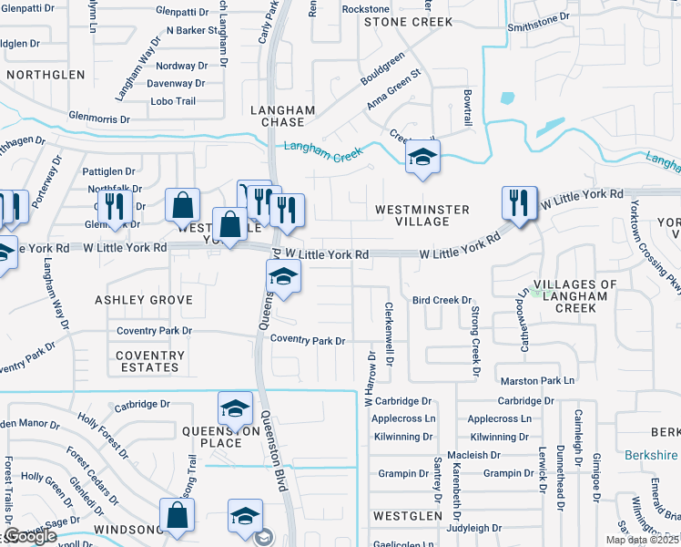 map of restaurants, bars, coffee shops, grocery stores, and more near 17103 Westminster Village Court in Houston