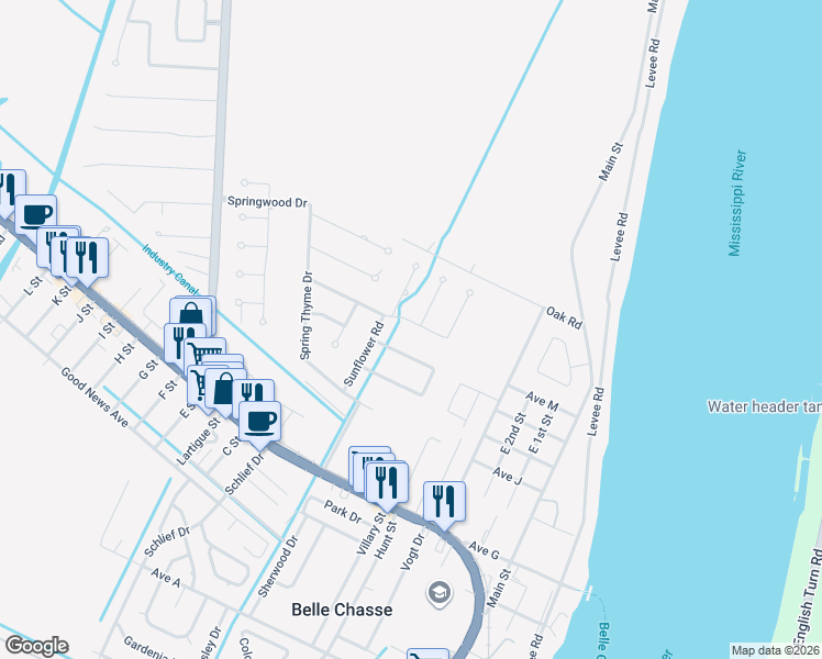 map of restaurants, bars, coffee shops, grocery stores, and more near 226 Spring Rose Drive in Belle Chasse
