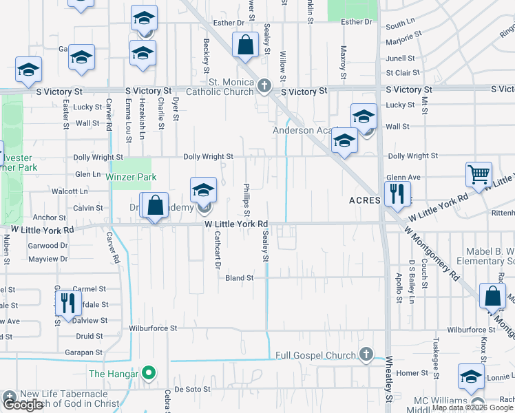 map of restaurants, bars, coffee shops, grocery stores, and more near 7110 Phillips Street in Houston