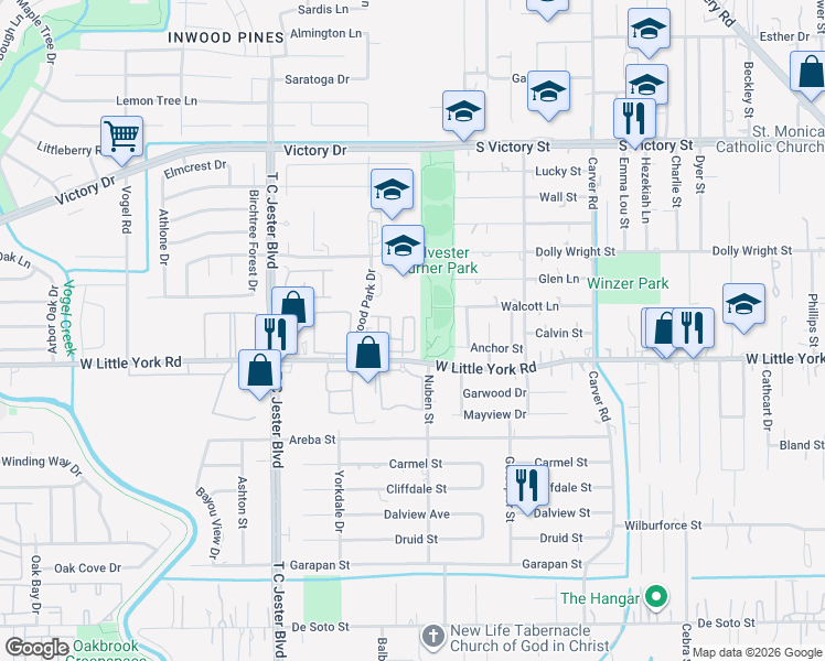 map of restaurants, bars, coffee shops, grocery stores, and more near 7050 Inwood Park Drive in Houston