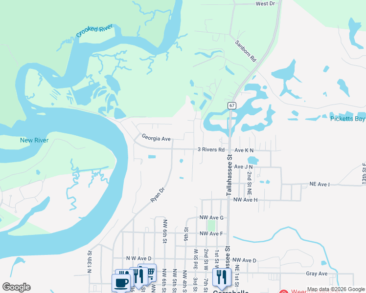 map of restaurants, bars, coffee shops, grocery stores, and more near 1205 Ryan Drive in Carrabelle