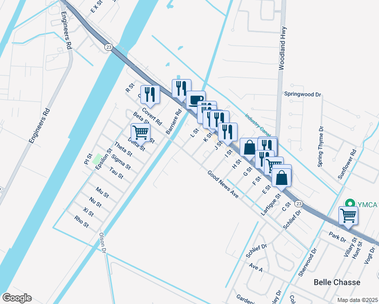 map of restaurants, bars, coffee shops, grocery stores, and more near 117 L Street in Belle Chasse