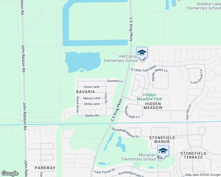 map of restaurants, bars, coffee shops, grocery stores, and more near 12427 Dona Lane in Houston