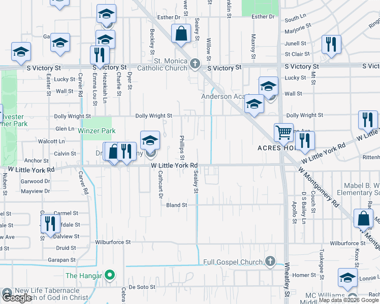 map of restaurants, bars, coffee shops, grocery stores, and more near 7110 Phillips Street in Houston