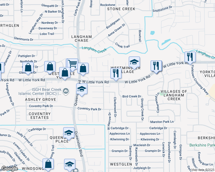 map of restaurants, bars, coffee shops, grocery stores, and more near 17047 Wilthorne Gardens Court in Houston