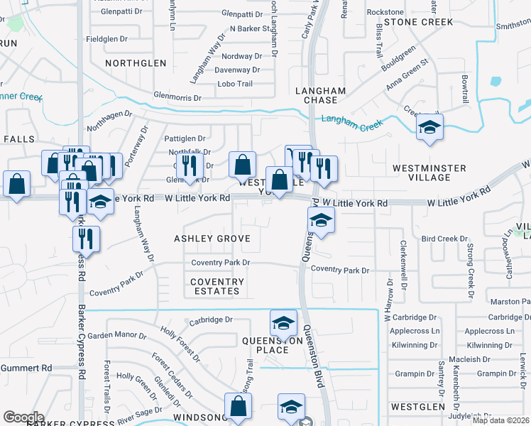 map of restaurants, bars, coffee shops, grocery stores, and more near 17337 West Little York Road in Houston