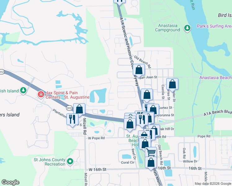 map of restaurants, bars, coffee shops, grocery stores, and more near 121 Southwind Circle in St. Augustine