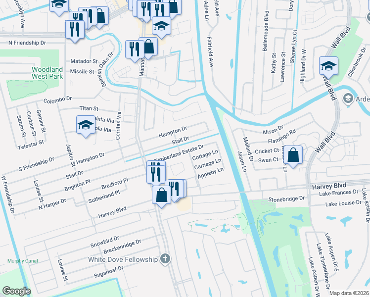 map of restaurants, bars, coffee shops, grocery stores, and more near 1753 Stall Drive in Harvey