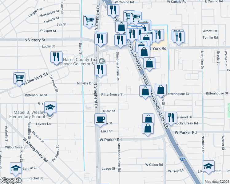 map of restaurants, bars, coffee shops, grocery stores, and more near 625 Millville Drive in Houston
