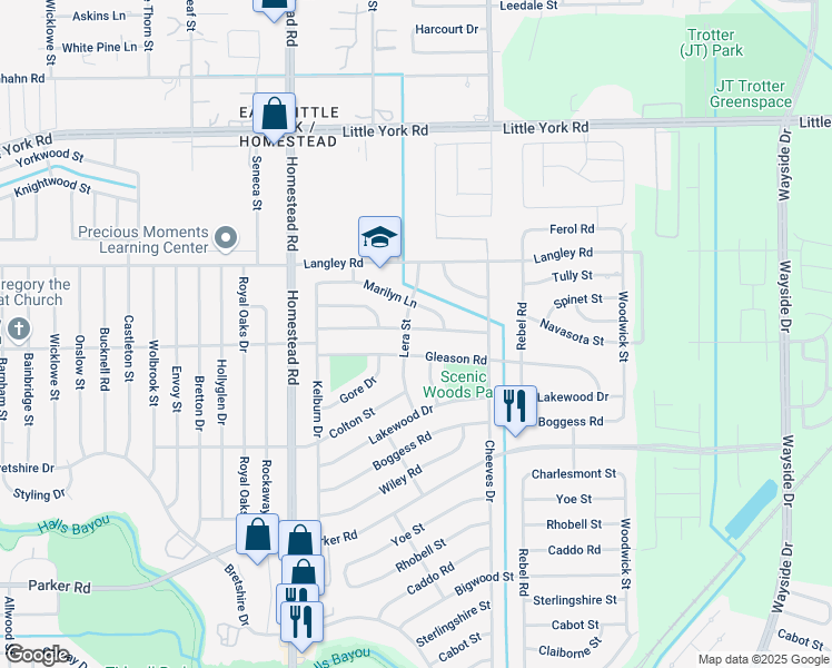 map of restaurants, bars, coffee shops, grocery stores, and more near 7406 Saunders Road in Houston