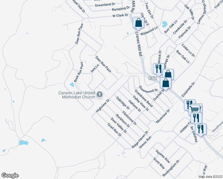 map of restaurants, bars, coffee shops, grocery stores, and more near 1864 Deer Run Pass in Canyon Lake