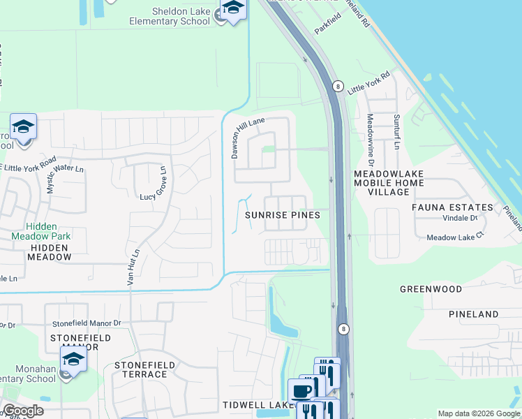 map of restaurants, bars, coffee shops, grocery stores, and more near 9614 Alex Springs Lane in Houston