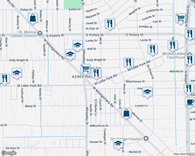 map of restaurants, bars, coffee shops, grocery stores, and more near 1004 Calvin Street in Houston