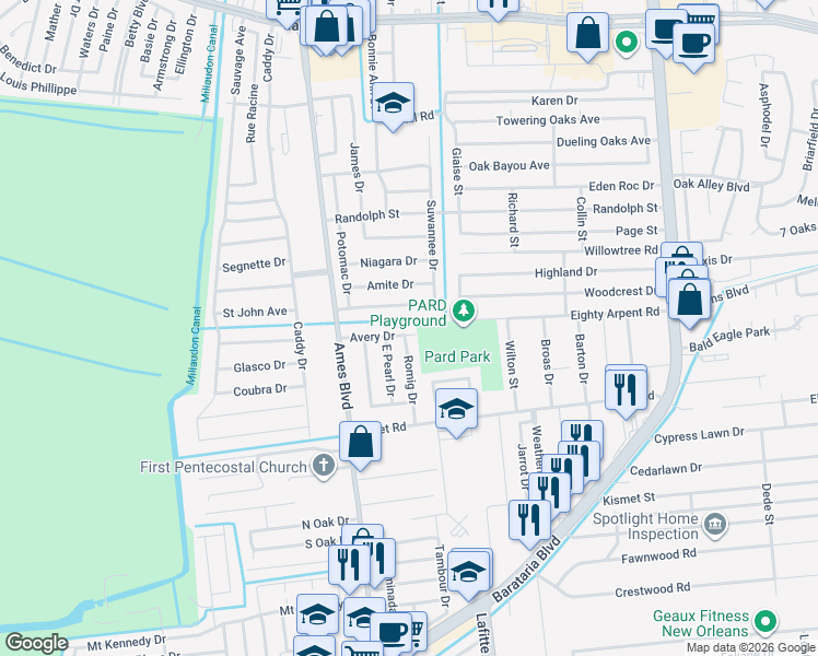map of restaurants, bars, coffee shops, grocery stores, and more near 5529 Trinity Drive in Marrero