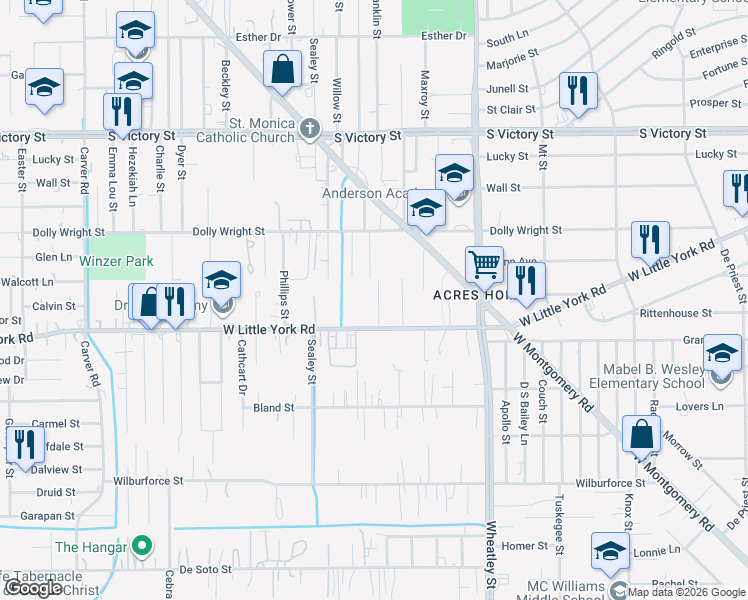map of restaurants, bars, coffee shops, grocery stores, and more near 7200 Windemere Street in Houston