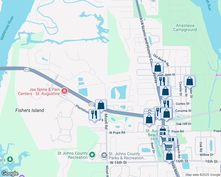 map of restaurants, bars, coffee shops, grocery stores, and more near 11 Anastasia Lakes Drive in St. Augustine