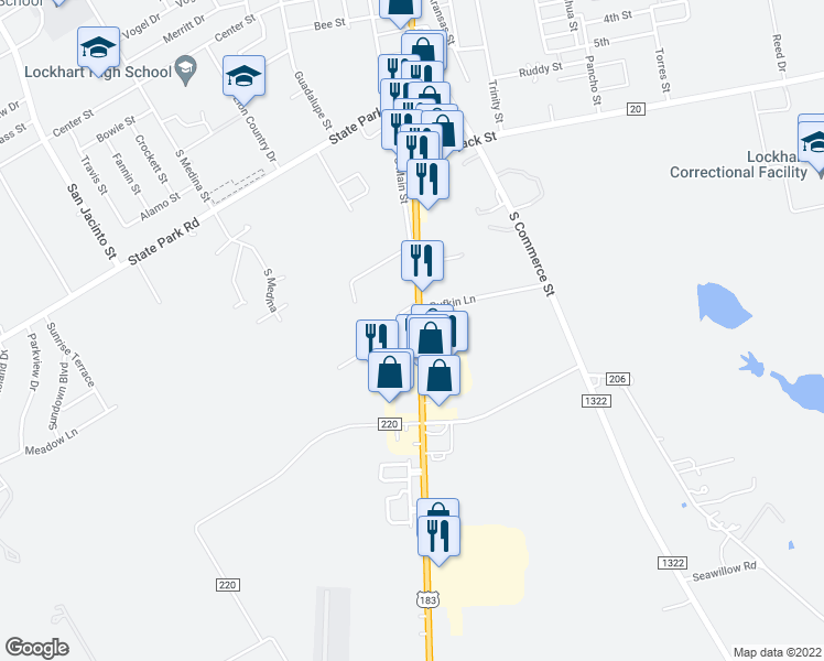 map of restaurants, bars, coffee shops, grocery stores, and more near 100 Sunset Drive in Lockhart